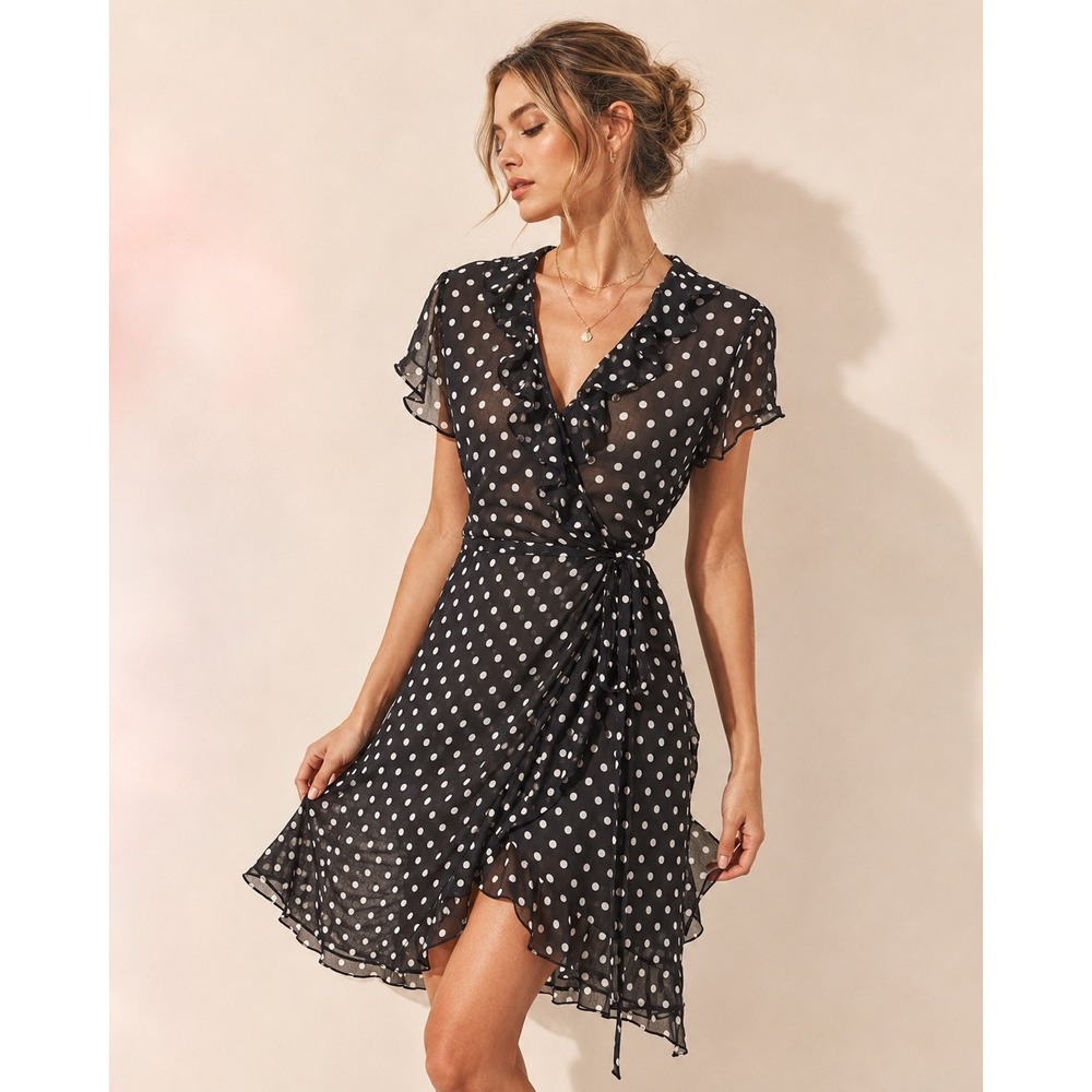 JBS Petite Black White Polka Dot Ruffle Wrap Dress 10P